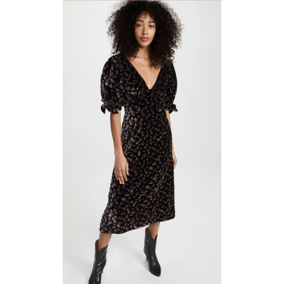 SEA Women's Black Floral Valerie‎ Velvet Back Tie Midi Dress Size 6 - Picture 1 of 7